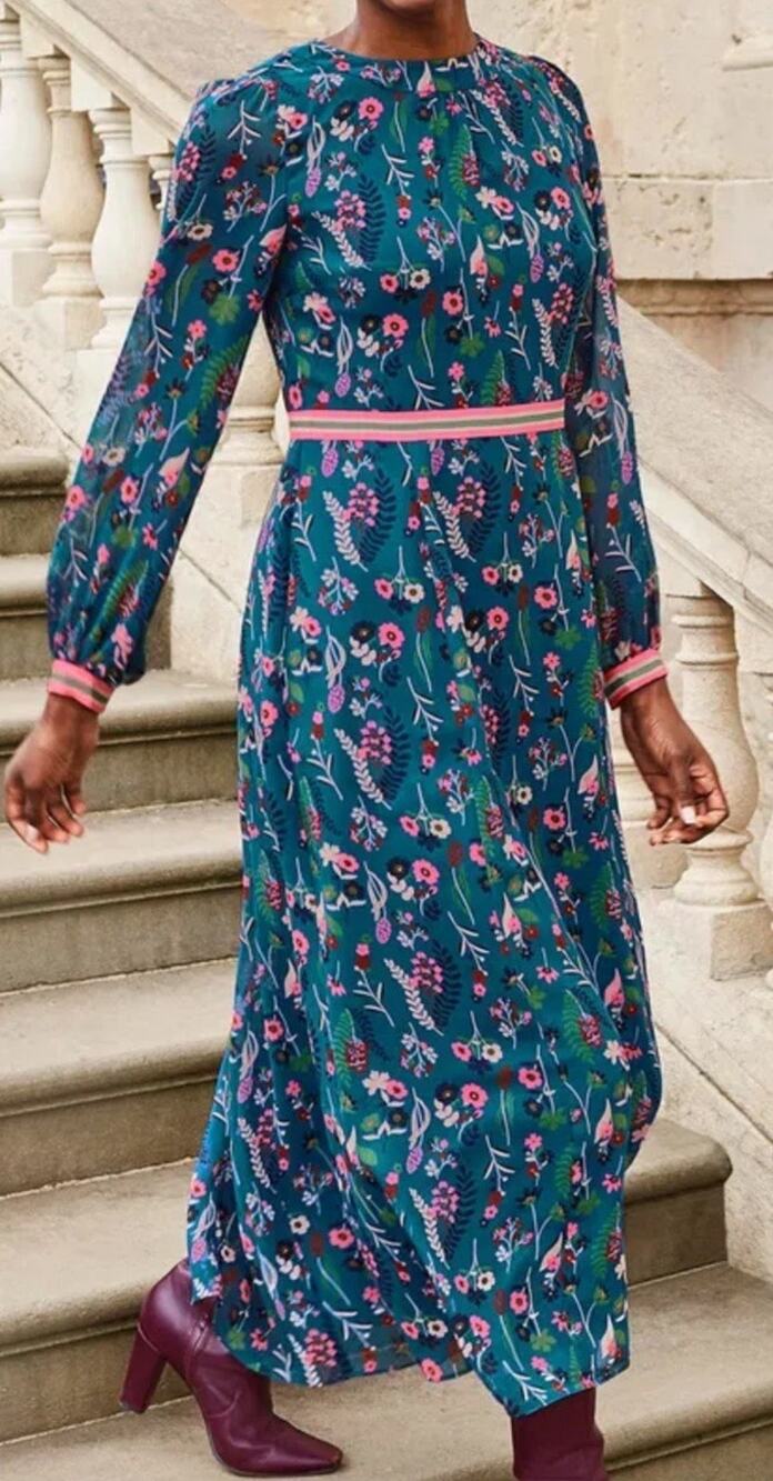 Boden Ellen Floral Maxi Dress Long Sleeve Baltic Botany A-line Blue Sz 2P